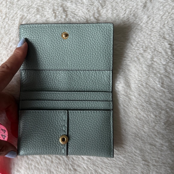 Tory Burch McGraw Leather Flap Card Case In Blue Celadon Small Leather Wallet - Picture 6 of 10
